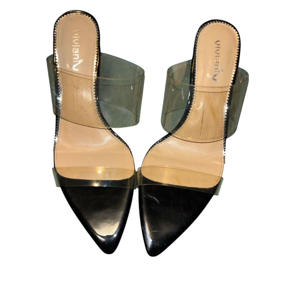 Vivianly Clear Strap Black Heels 8.5 Pointed Toe PVC Mule Stiletto Heels